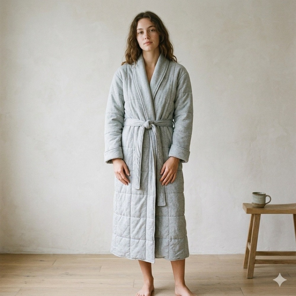 Skin Quilted Robe Womens Medium 2 Gray Cotton Belted Loungewear Cozy Hygge